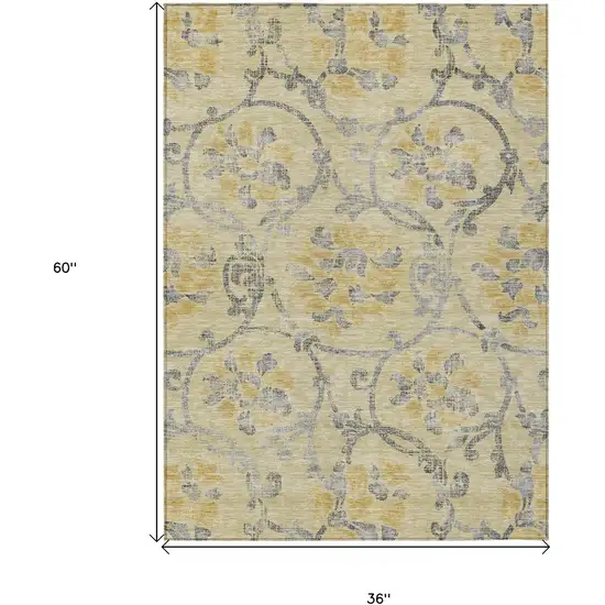 Gold Gray And Charcoal Floral Washable Indoor Outdoor Area Rug Photo 7