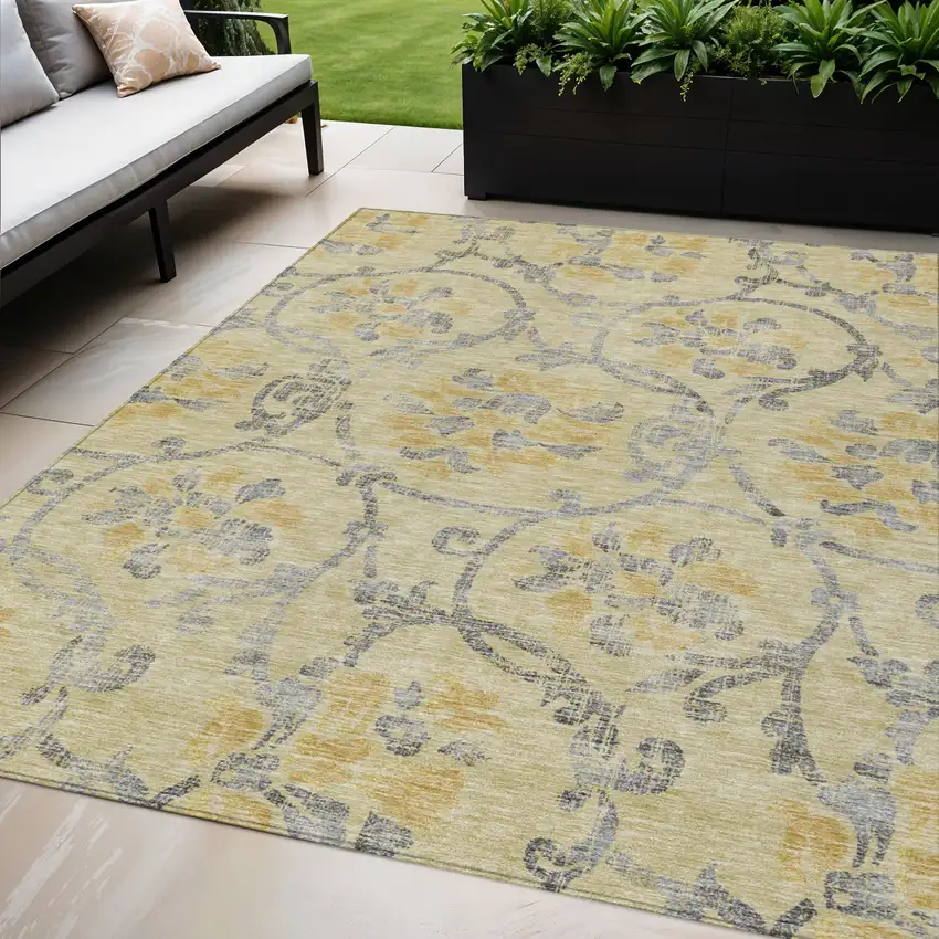 Gold Gray And Charcoal Floral Washable Indoor Outdoor Area Rug Photo 1