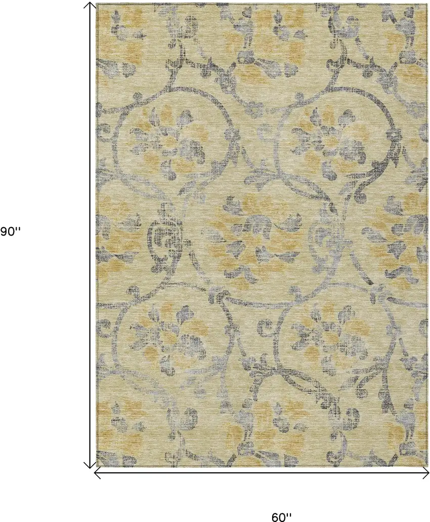 Gold Gray And Charcoal Floral Washable Indoor Outdoor Area Rug Photo 3