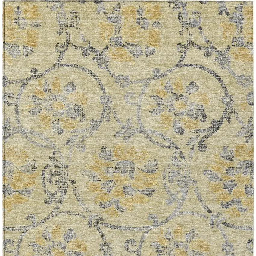 Gold Gray And Charcoal Floral Washable Indoor Outdoor Area Rug Photo 5