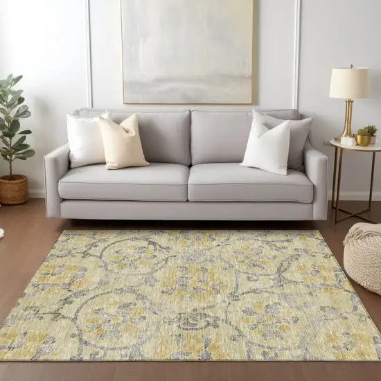 Gold Gray And Charcoal Floral Washable Indoor Outdoor Area Rug Photo 8