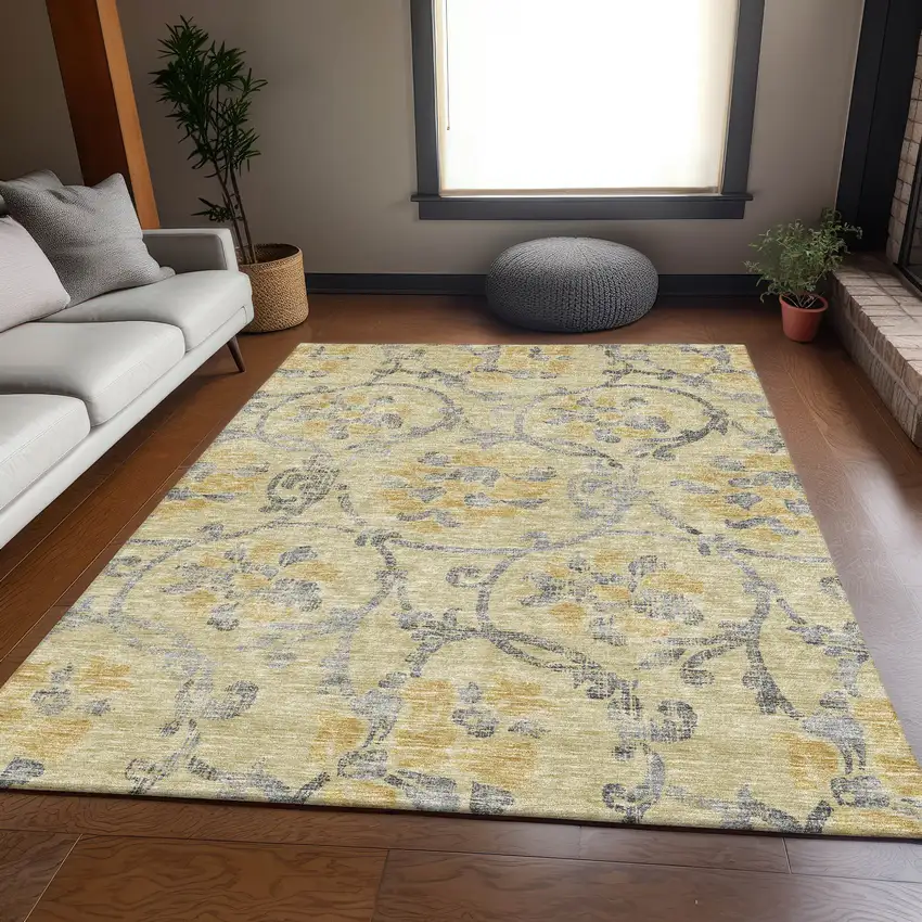 Gold Gray And Charcoal Floral Washable Indoor Outdoor Area Rug Photo 9