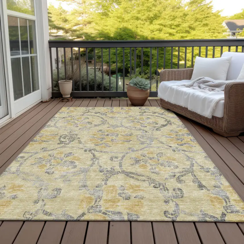 Gold Gray And Charcoal Floral Washable Indoor Outdoor Area Rug Photo 8