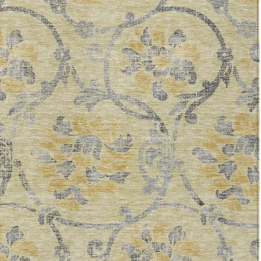 Gold Gray And Charcoal Floral Washable Indoor Outdoor Area Rug Photo 4