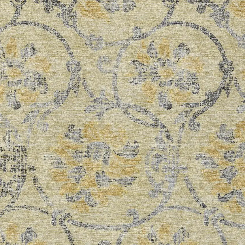 Gold Gray And Charcoal Floral Washable Indoor Outdoor Area Rug Photo 4