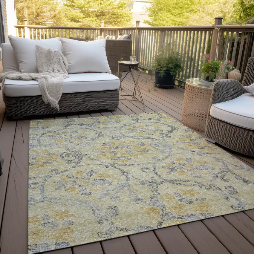 Gold Gray And Charcoal Floral Washable Indoor Outdoor Area Rug Photo 9