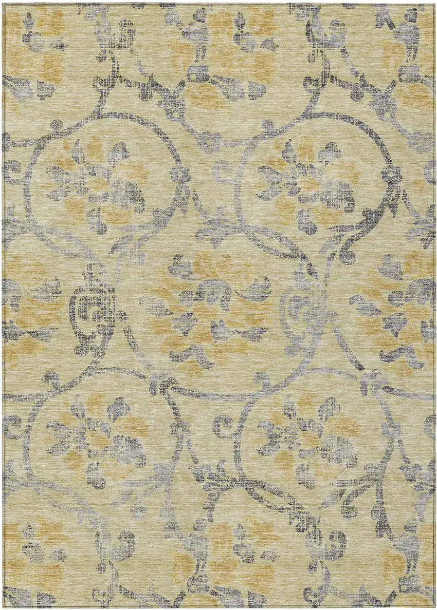 Gold Gray And Charcoal Floral Washable Indoor Outdoor Area Rug Photo 1