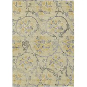 Photo of Gold Gray And Charcoal Floral Washable Indoor Outdoor Area Rug