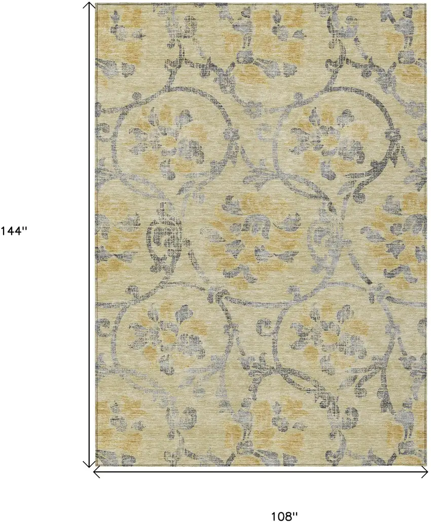 Gold Gray And Charcoal Floral Washable Indoor Outdoor Area Rug Photo 3