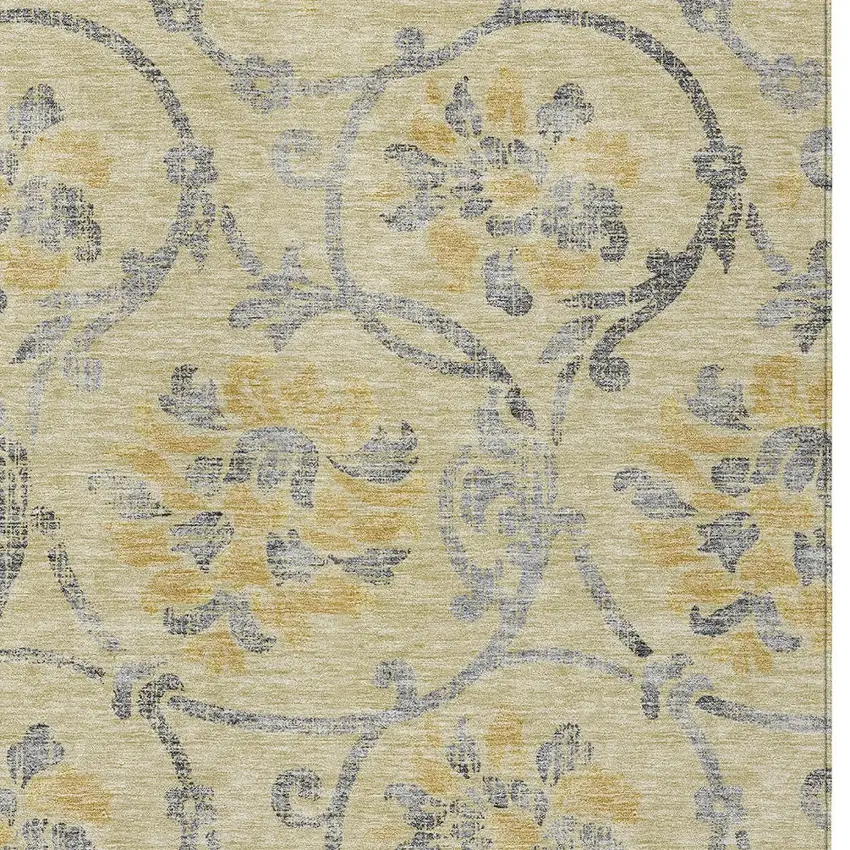 Gold Gray And Charcoal Floral Washable Indoor Outdoor Area Rug Photo 4