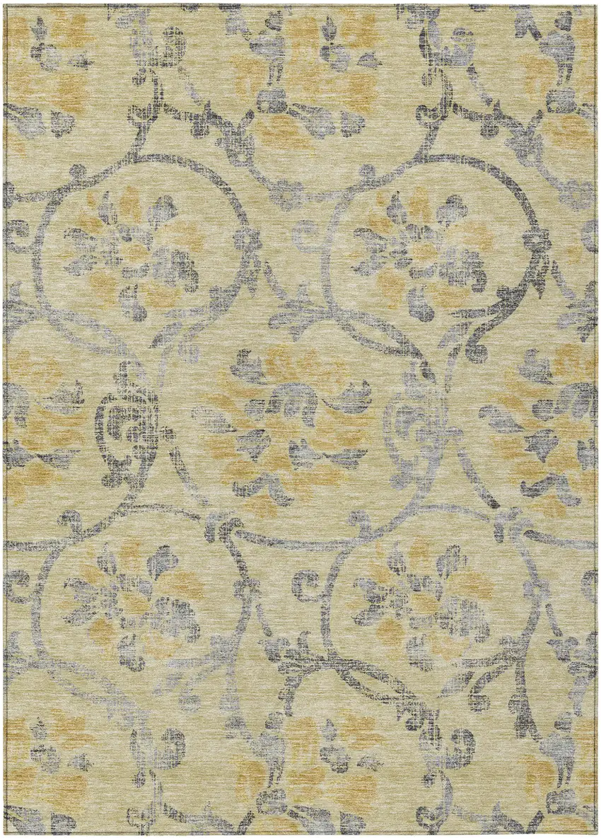 Gold Gray And Charcoal Floral Washable Indoor Outdoor Area Rug Photo 1