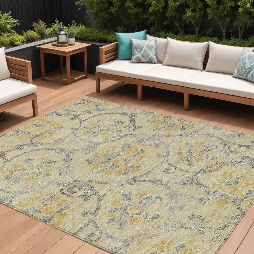 Gold Gray And Charcoal Floral Washable Indoor Outdoor Area Rug Photo 1