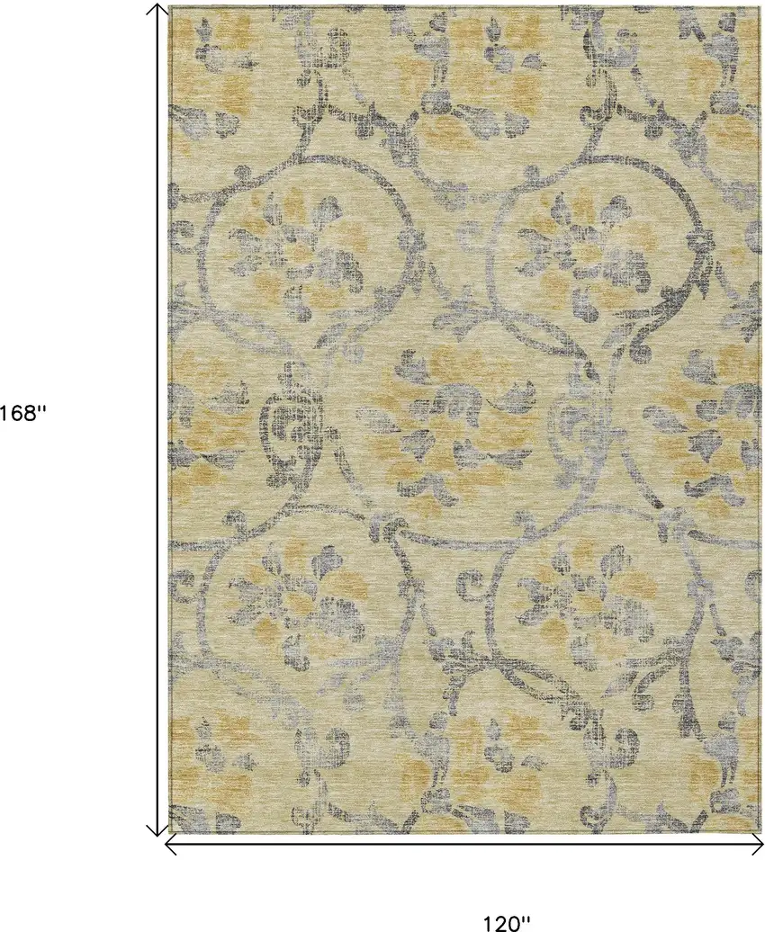 Gold Gray And Charcoal Floral Washable Indoor Outdoor Area Rug Photo 3
