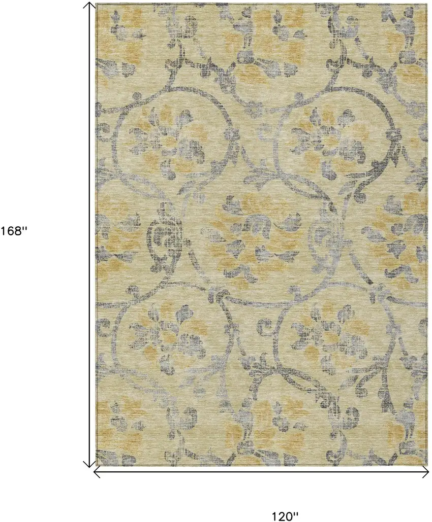 Gold Gray And Charcoal Floral Washable Indoor Outdoor Area Rug Photo 3