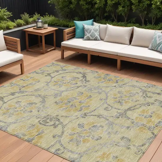 Gold Gray And Charcoal Floral Washable Indoor Outdoor Area Rug Photo 1