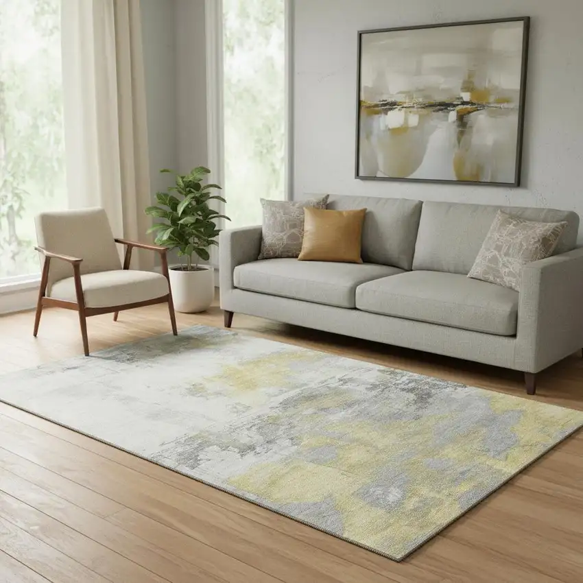 Gold Gray And Ivory Abstract Washable Area Rug With UV Protection Photo 2