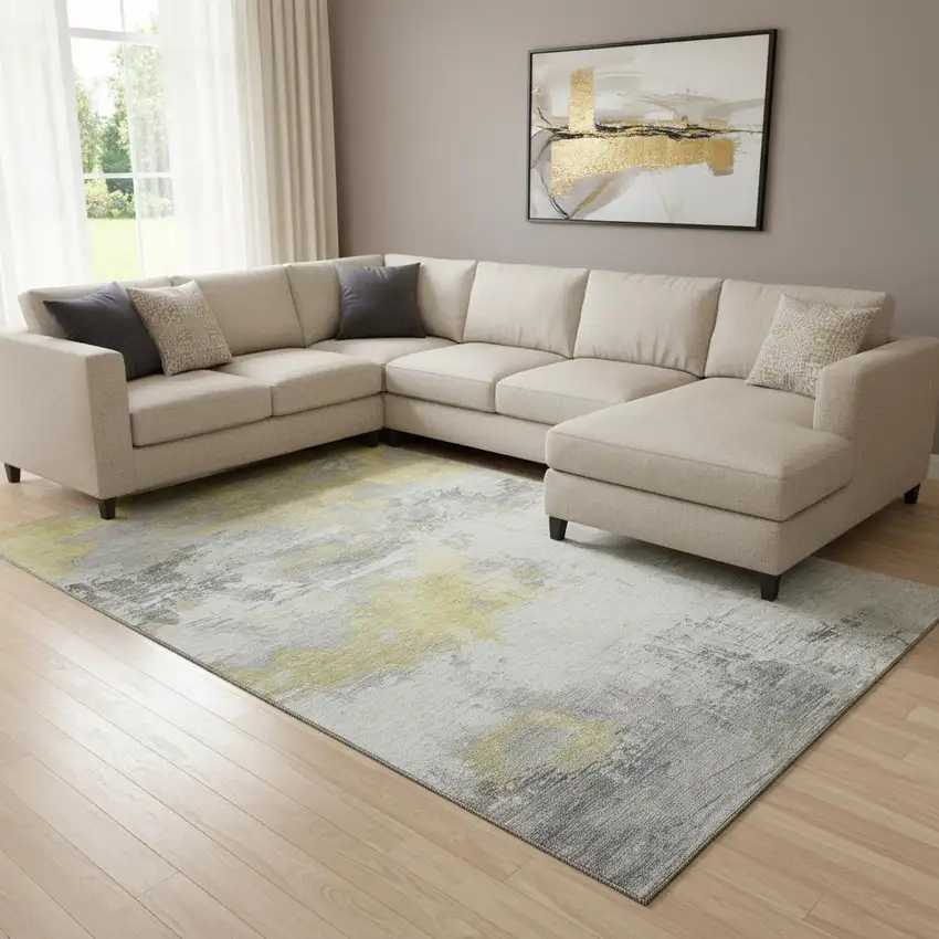 Gold Gray And Ivory Abstract Washable Area Rug With UV Protection Photo 2