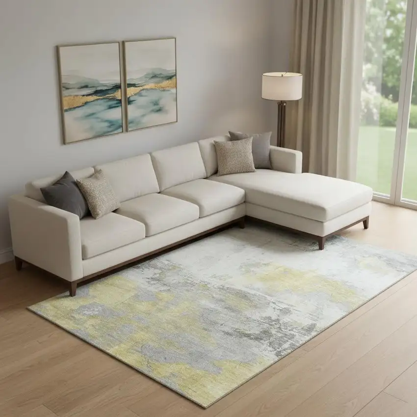 Gold Gray And Ivory Abstract Washable Area Rug With UV Protection Photo 2