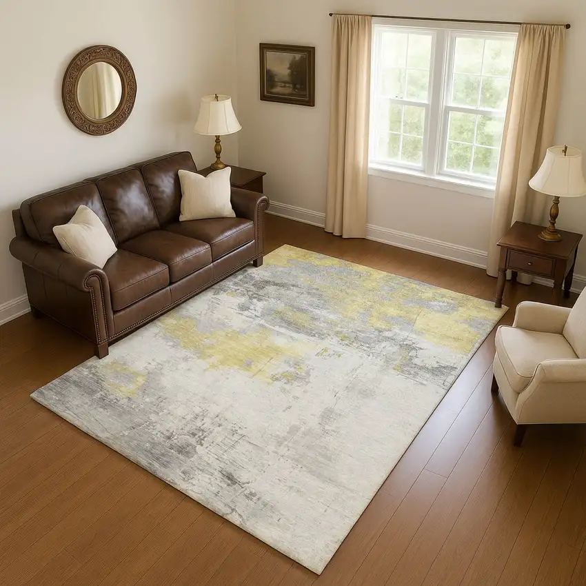Gold Gray And Ivory Abstract Washable Area Rug With UV Protection Photo 4