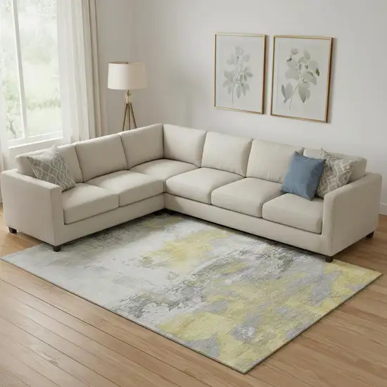 Gold Gray And Ivory Abstract Washable Area Rug With UV Protection Photo 2