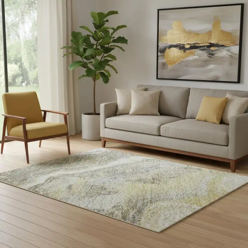 Gold Gray And Ivory Abstract Washable Area Rug With UV Protection Photo 2