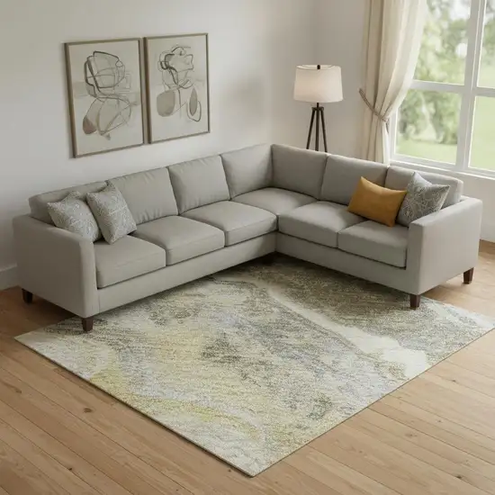 Gold Gray And Ivory Abstract Washable Area Rug With UV Protection Photo 2