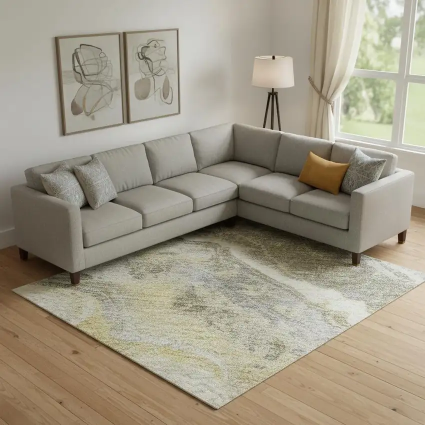 Gold Gray And Ivory Abstract Washable Area Rug With UV Protection Photo 2