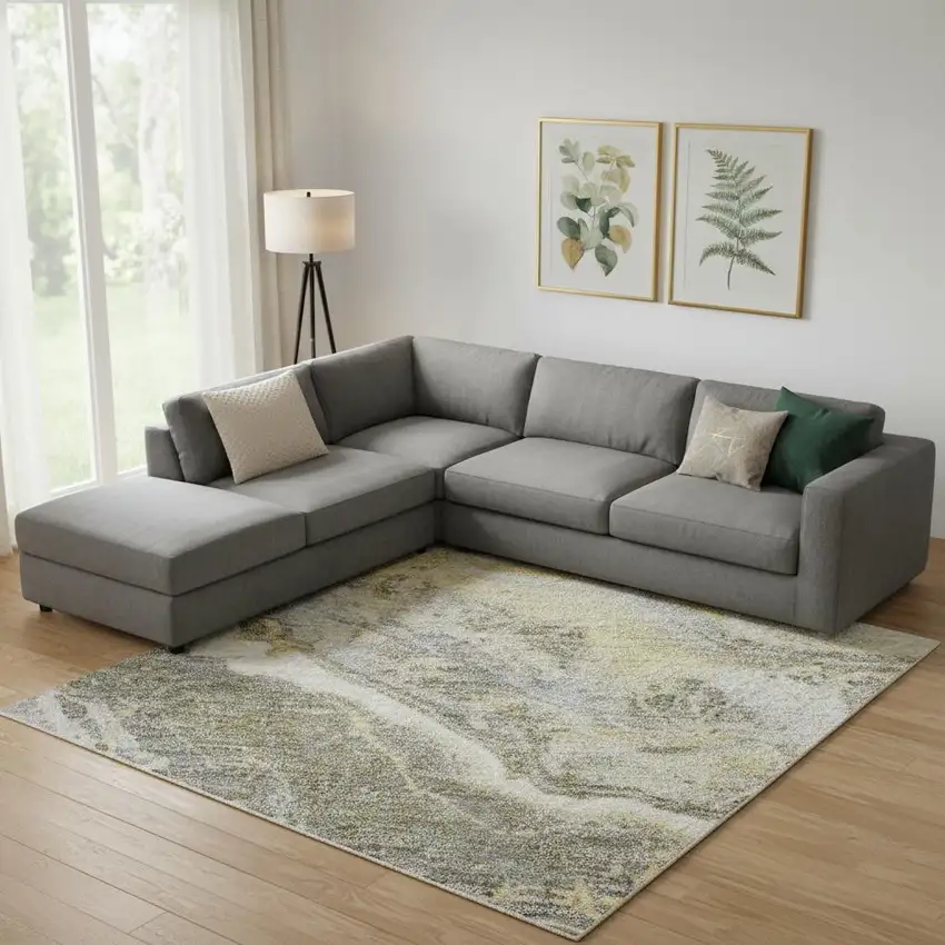 Gold Gray And Ivory Abstract Washable Area Rug With UV Protection Photo 2