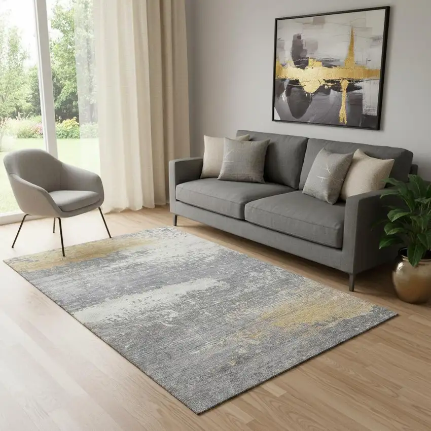 Gold Gray And Ivory Abstract Washable Area Rug With UV Protection Photo 2