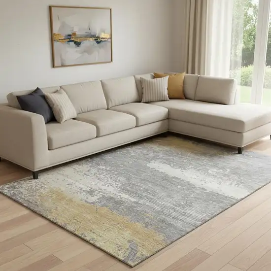 Gold Gray And Ivory Abstract Washable Area Rug With UV Protection Photo 2