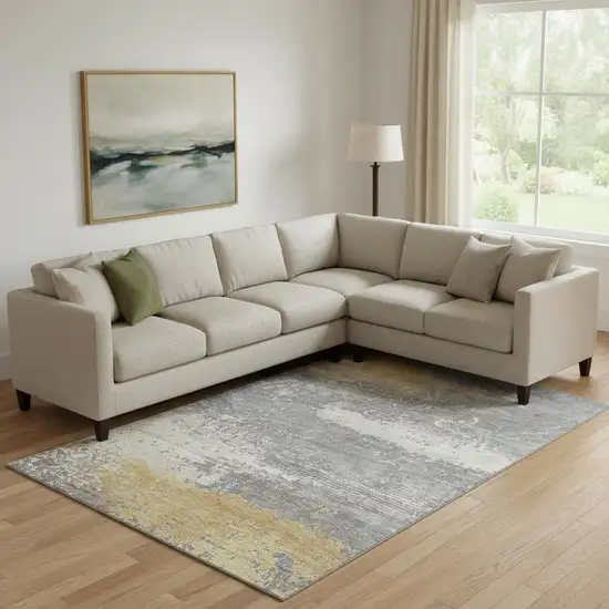 Gold Gray And Ivory Abstract Washable Area Rug With UV Protection Photo 2