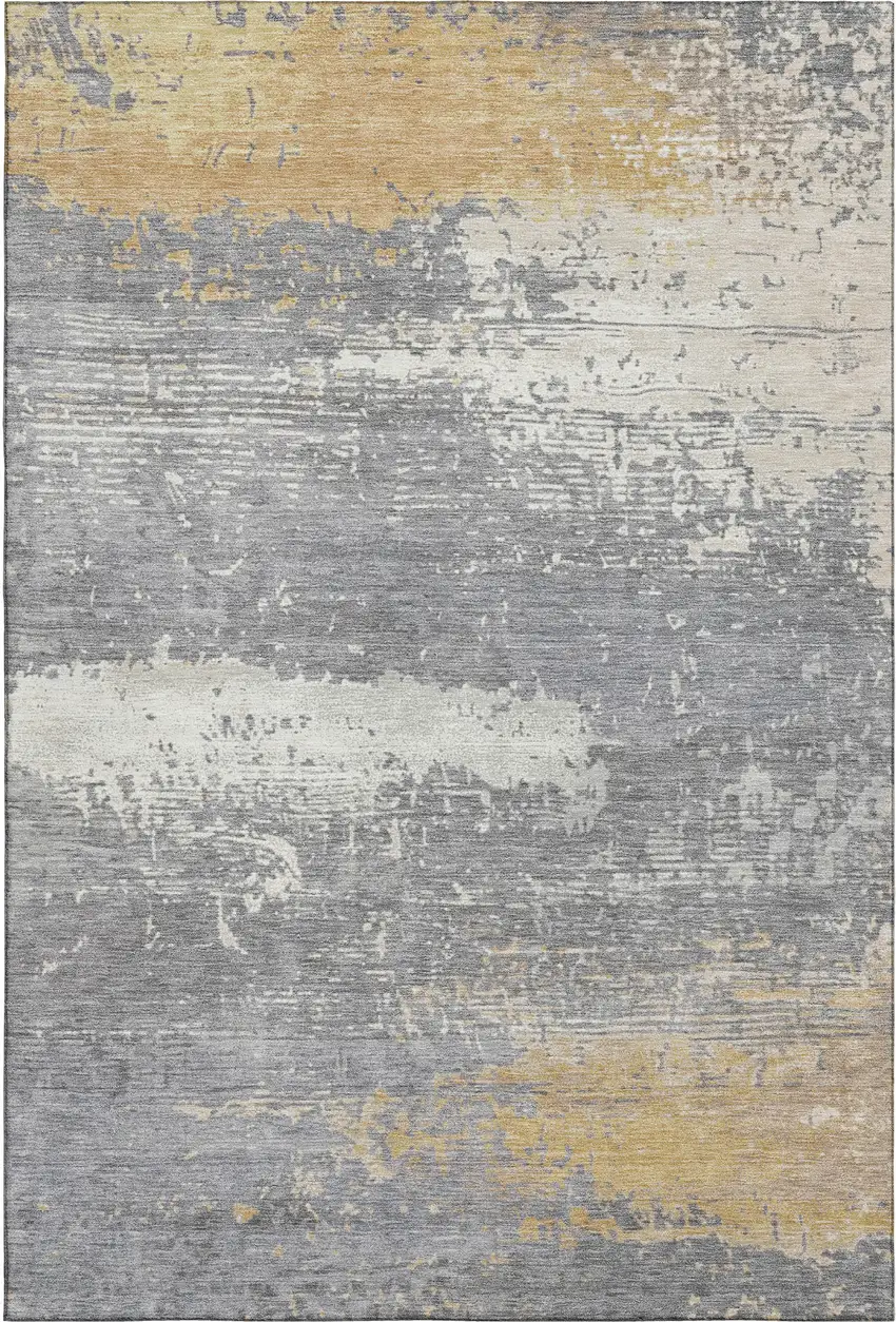Gold Gray And Ivory Abstract Washable Area Rug With UV Protection Photo 1