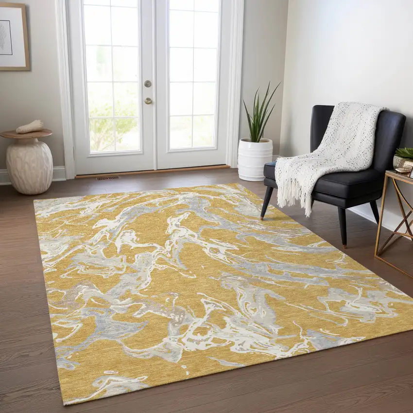 Gold Gray And Ivory Abstract Washable Indoor Outdoor Area Rug Photo 9