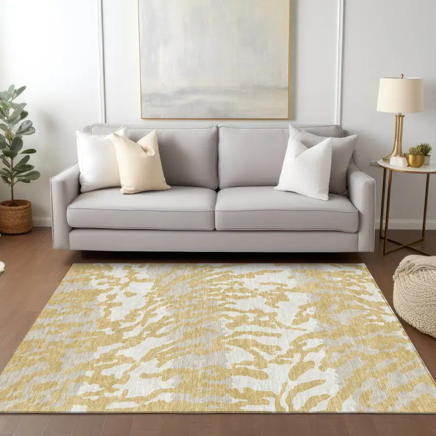 Gold Gray And Ivory Animal Print Washable Indoor Outdoor Area Rug Photo 9