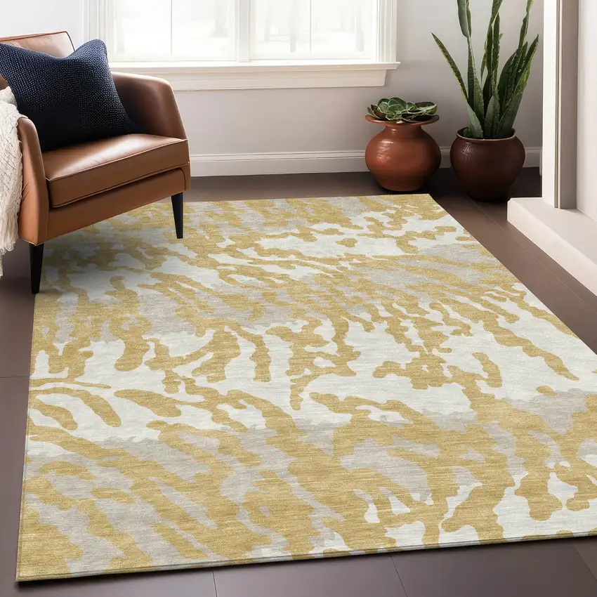 Gold Gray And Ivory Animal Print Washable Indoor Outdoor Area Rug Photo 8