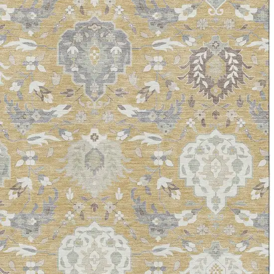 Gold Gray And Ivory Damask Washable Area Rug With UV Protection Photo 2