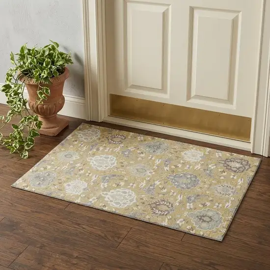 Gold Gray And Ivory Damask Washable Area Rug With UV Protection Photo 1