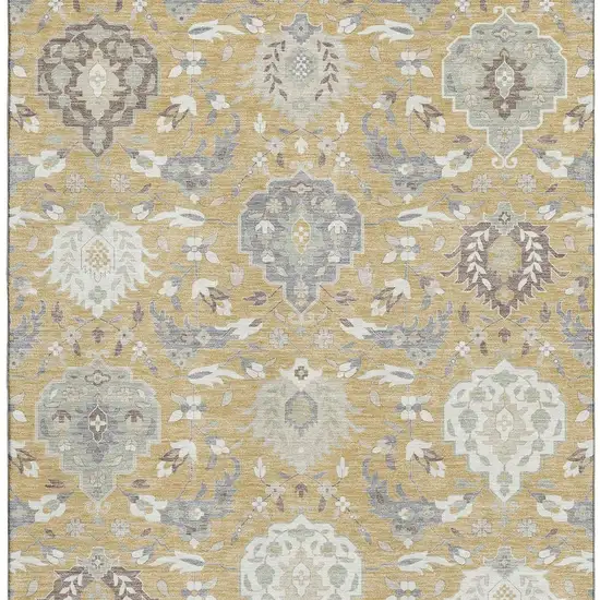 Gold Gray And Ivory Damask Washable Area Rug With UV Protection Photo 2