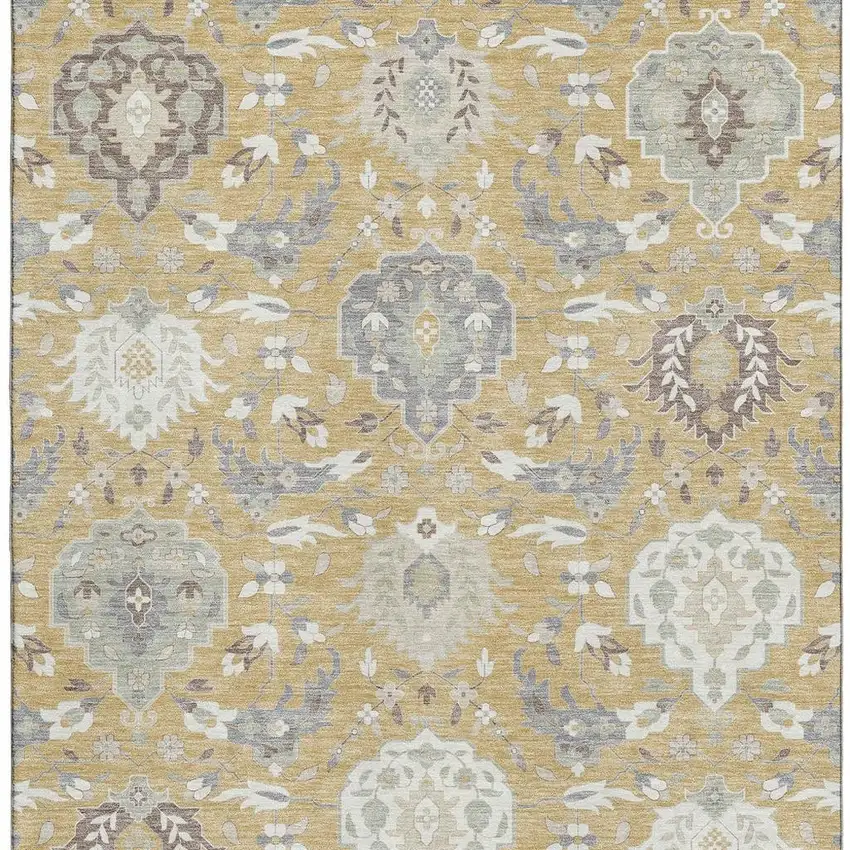 Gold Gray And Ivory Damask Washable Area Rug With UV Protection Photo 2
