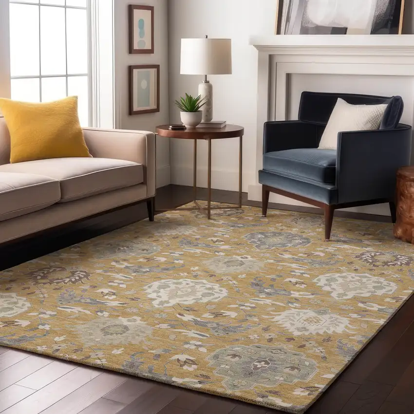 Gold Gray And Ivory Damask Washable Area Rug With UV Protection Photo 4