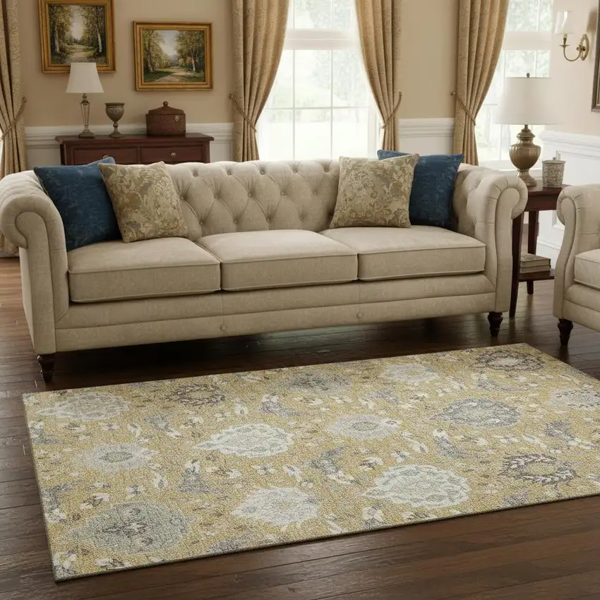 Gold Gray And Ivory Damask Washable Area Rug With UV Protection Photo 2