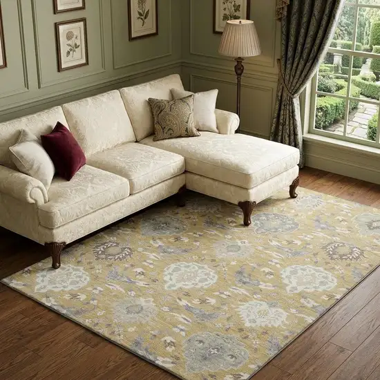 Gold Gray And Ivory Damask Washable Area Rug With UV Protection Photo 1