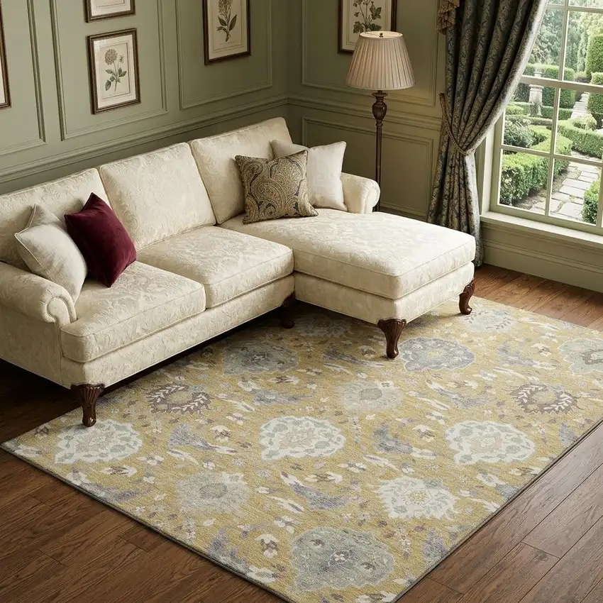 Gold Gray And Ivory Damask Washable Area Rug With UV Protection Photo 1