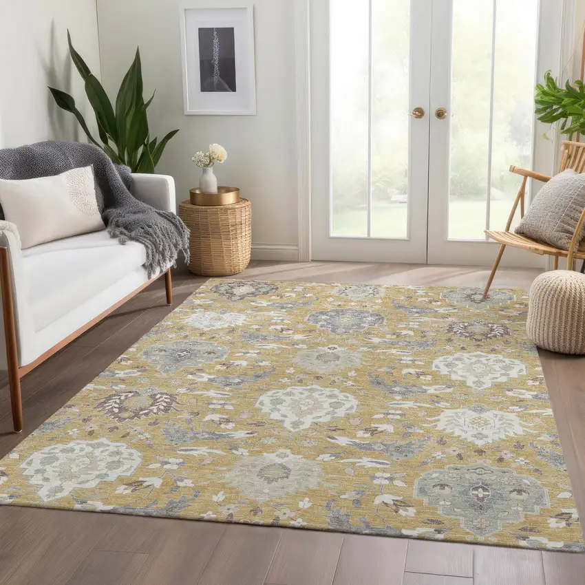 Gold Gray And Ivory Damask Washable Area Rug With UV Protection Photo 5