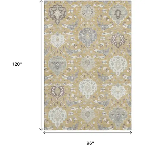 Gold Gray And Ivory Damask Washable Area Rug With UV Protection Photo 8