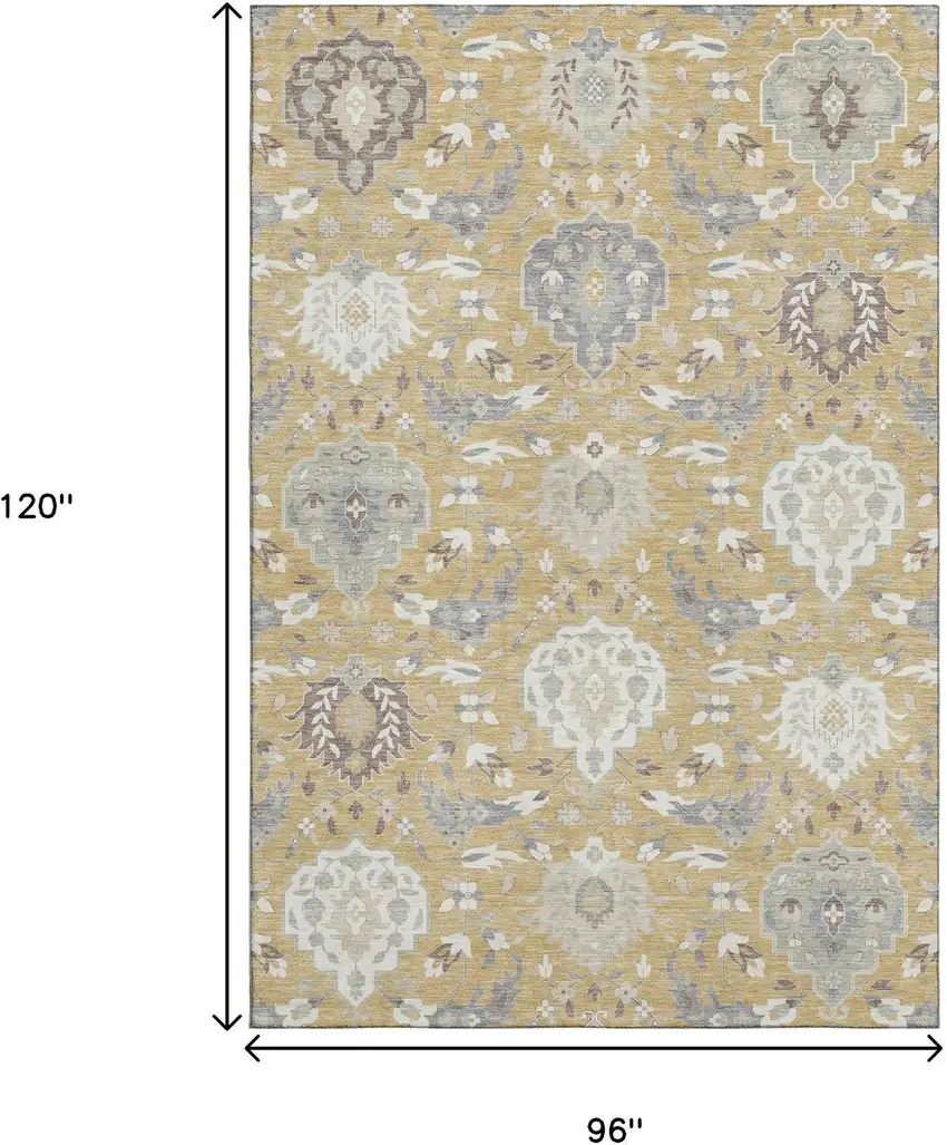 Gold Gray And Ivory Damask Washable Area Rug With UV Protection Photo 8