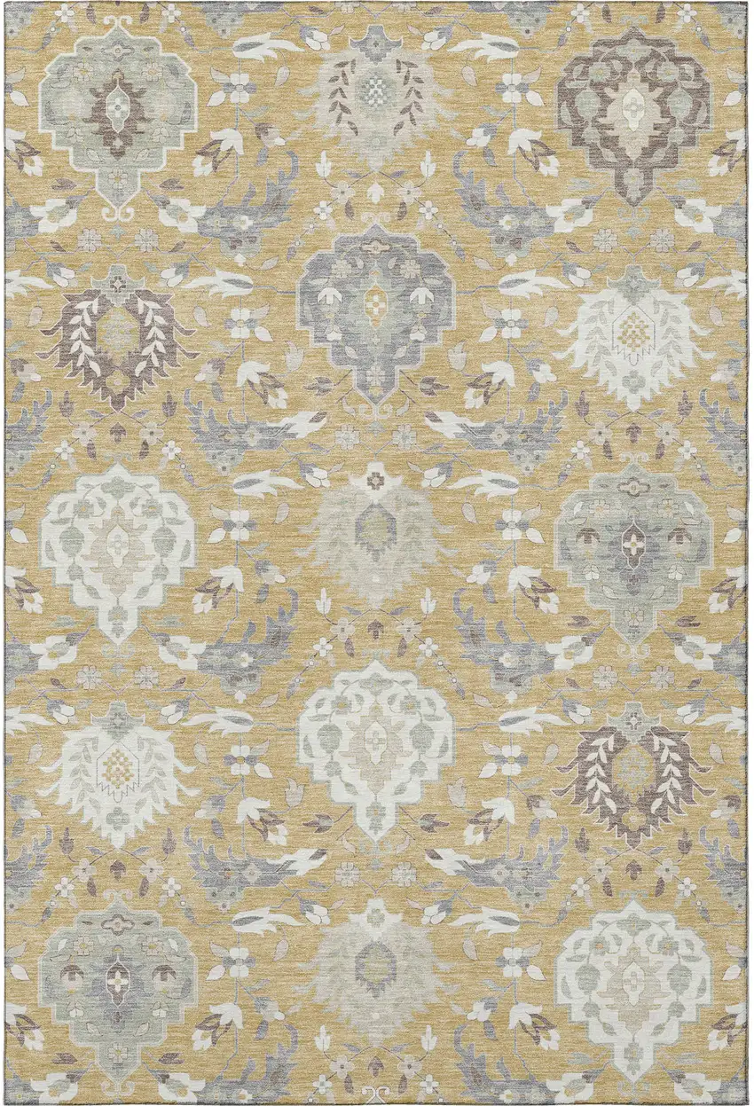Gold Gray And Ivory Damask Washable Area Rug With UV Protection Photo 3