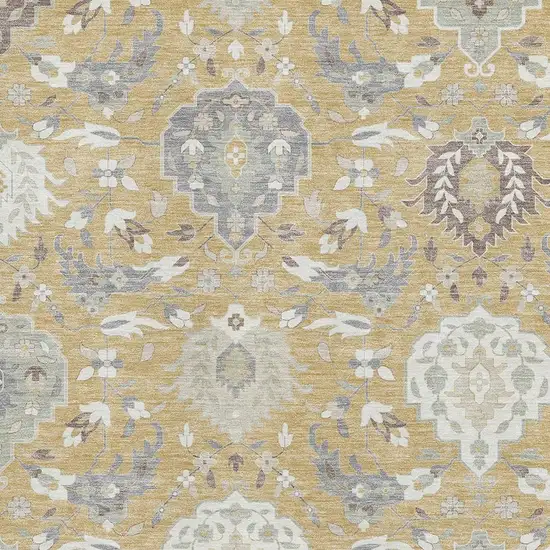 Gold Gray And Ivory Damask Washable Area Rug With UV Protection Photo 2