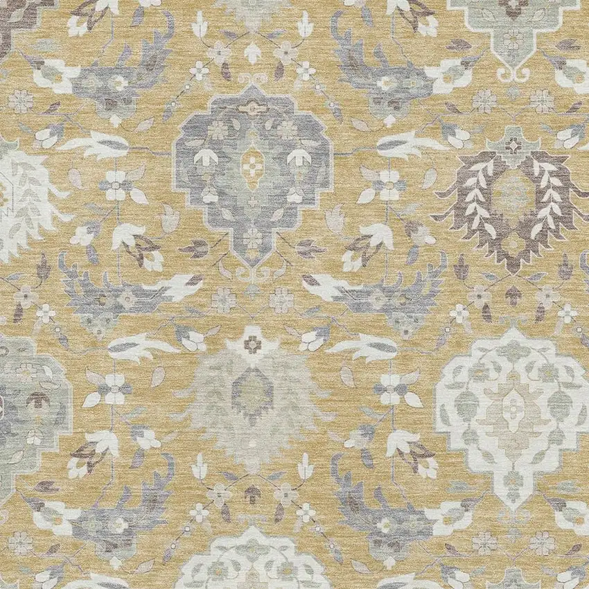 Gold Gray And Ivory Damask Washable Area Rug With UV Protection Photo 2