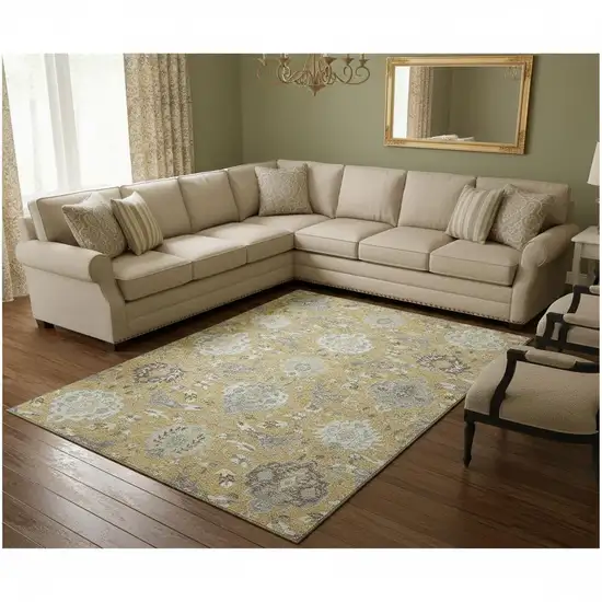 Gold Gray And Ivory Damask Washable Area Rug With UV Protection Photo 2